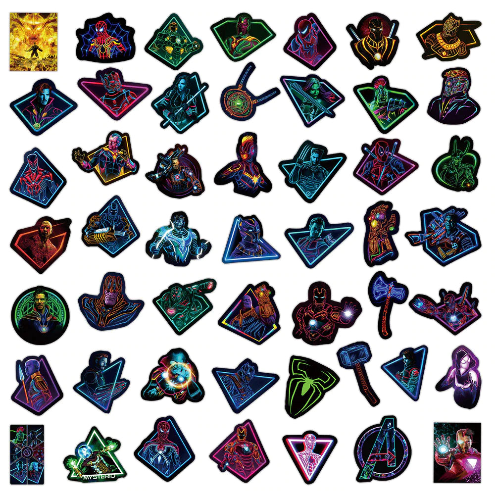 10/50/100Pcs Disney Neon Marvel the Avengers Superhero Anime Stickers Laptop Car Skateboard Phone Bike Cool Sticker Kids Toy