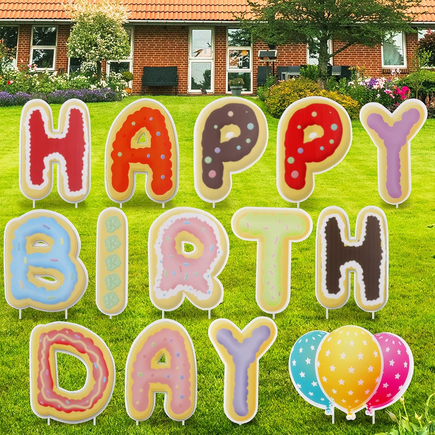 Happy Birthday Yard Signs with Cute Design Birthday Decorations Corrugated Yard Stake Signs Outdoor Decorations with Stakes Yard Signs for Birthday Yard/Lawn Decorations (Cookie)