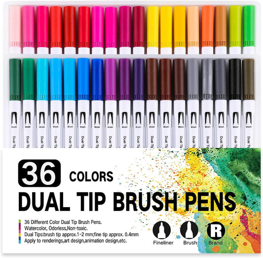 Coloring Markers 36 Dual Tip Brush Marker Pens Fine Point Artist Colored Drawing Pen Journaling Art School Supplies for Kids Adult Coloring Book Teachers Students Calligraphy Writing