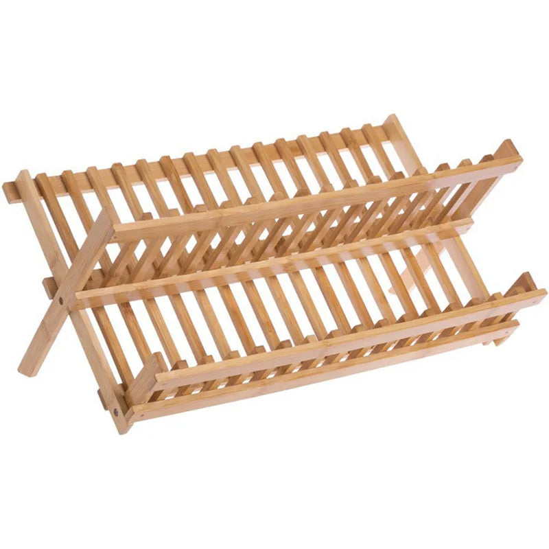 Bamboo Folding Dish Rack with Utensil Drainer and Drainboard