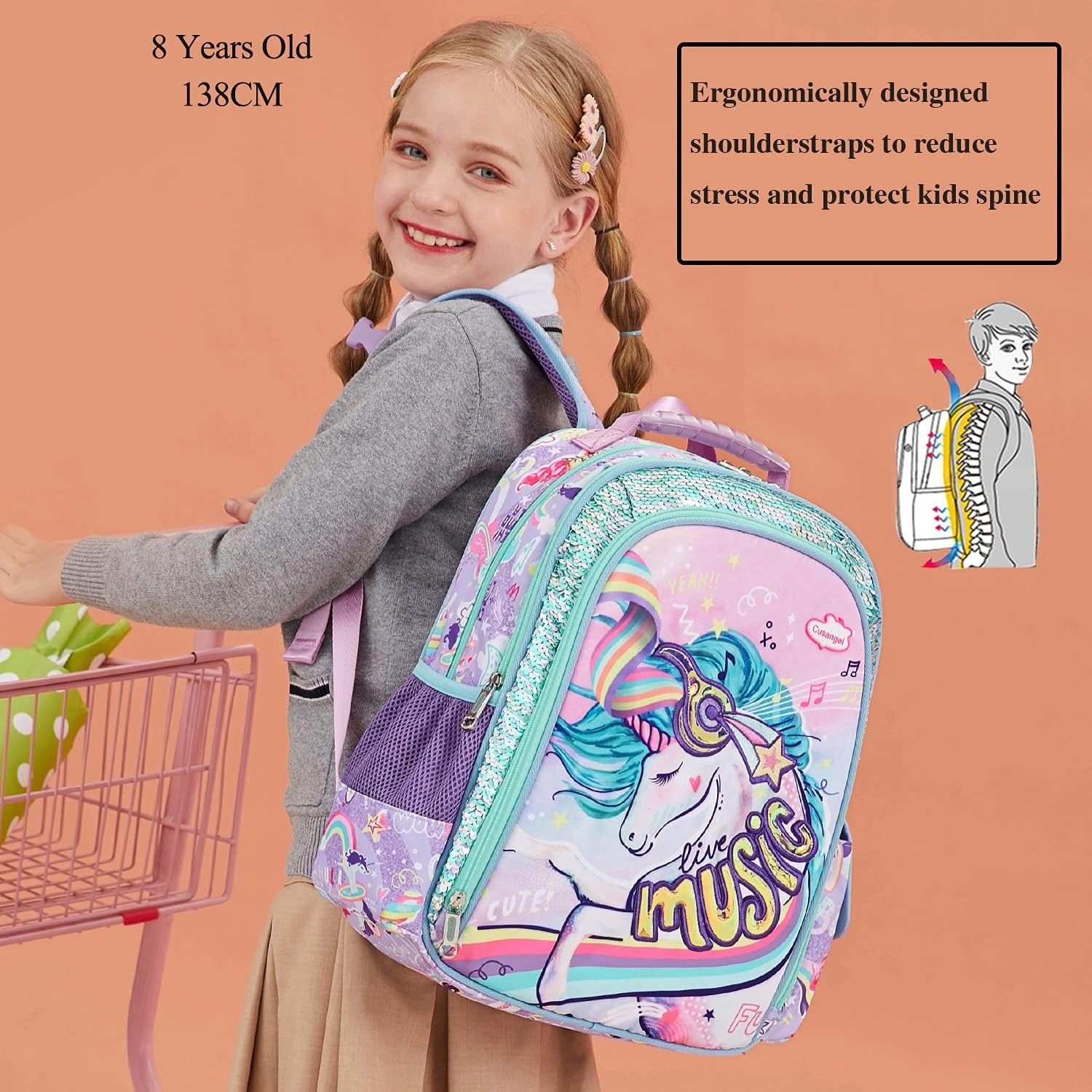 School Bookbag, Durable Cute Multi Compartment Preschool Primary Backpack for Girls