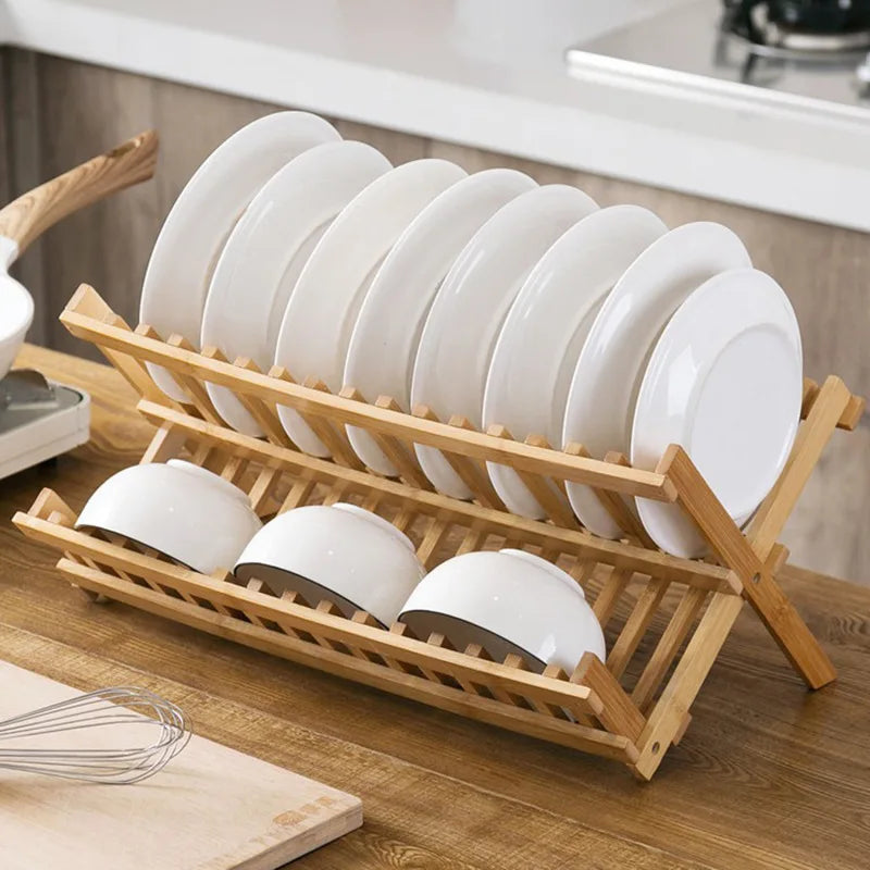 Bamboo Folding Dish Rack with Utensil Drainer and Drainboard