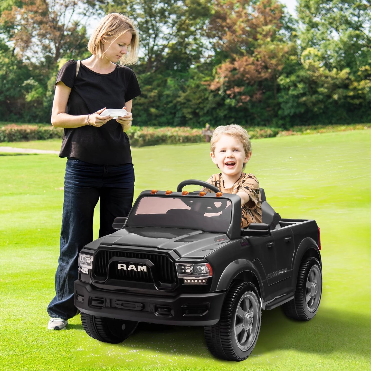 Dodge RAM Ride on Truck Car, 12V Powered Ride on Toy with Remote Control, Rear Wheel Suspension, 5 Point Safety Belt, MP3 Player, Bluetooth, LED Lights, Electric Car for 3-5 Years Boys Girls, Black