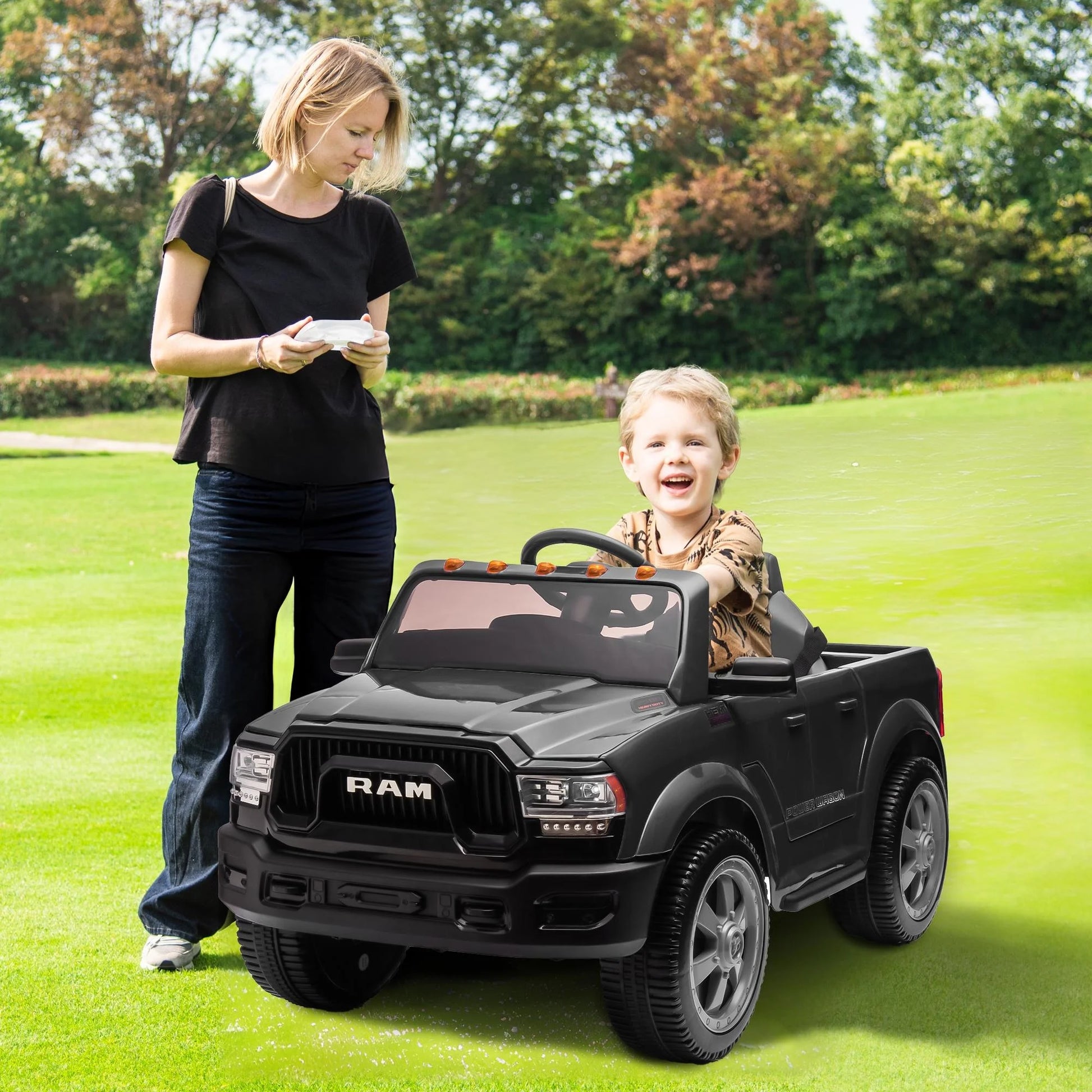 Dodge RAM Ride on Truck Car, 12V Powered Ride on Toy with Remote Control, Rear Wheel Suspension, 5 Point Safety Belt, MP3 Player, Bluetooth, LED Lights, Electric Car for 3-5 Years Boys Girls, Black