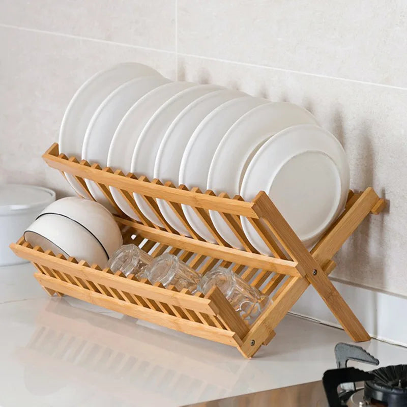 Bamboo Folding Dish Rack with Utensil Drainer and Drainboard