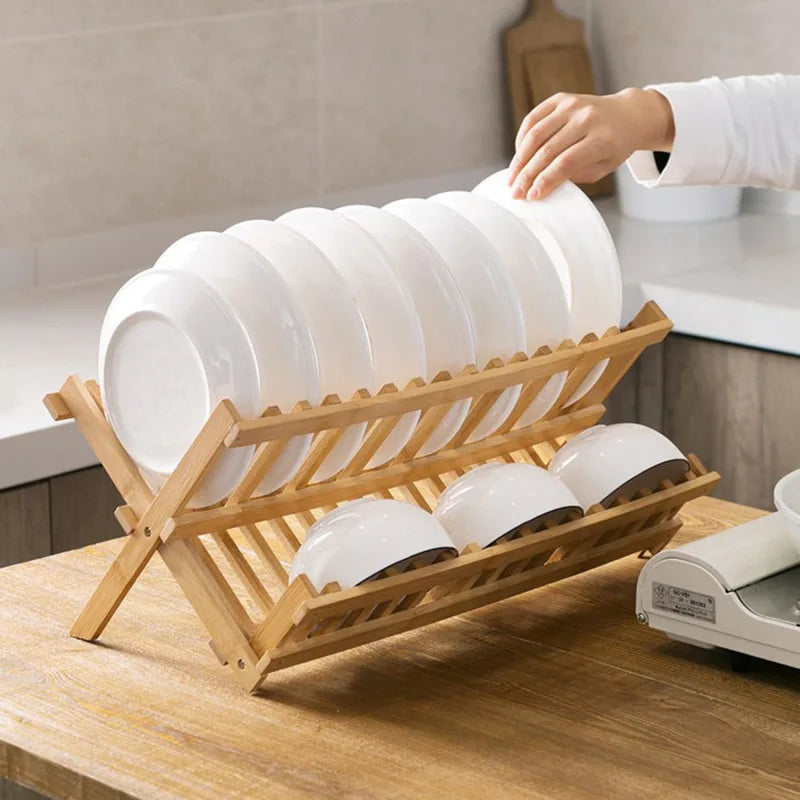 Bamboo Folding Dish Rack with Utensil Drainer and Drainboard