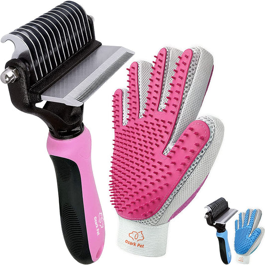 Ultimate Dog and Cat Grooming Set - Effortlessly Reduce Shedding by 95% with our Versatile Two-Sided Brush and Grooming Glove for Short to Long Hair Pets - Stylish Pink for Small to Medium Breeds