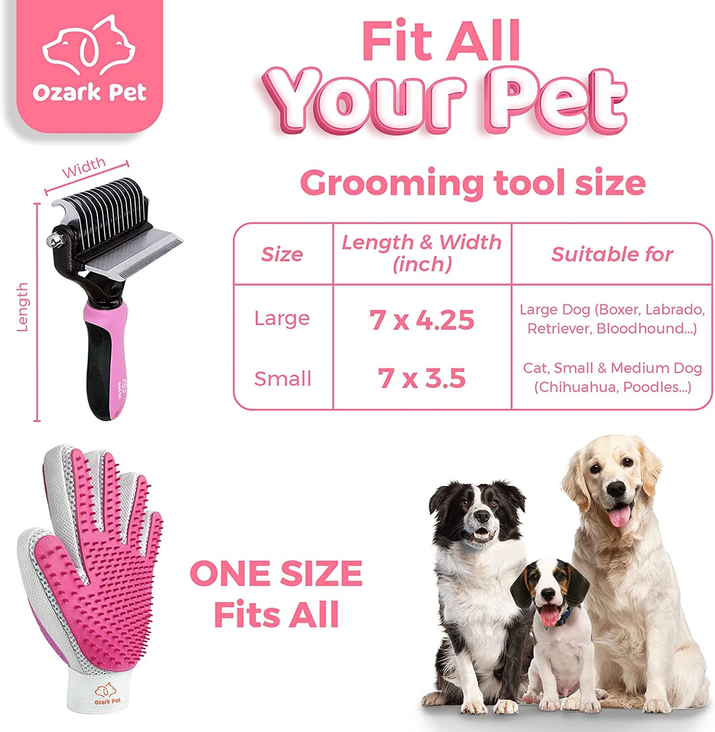 Ultimate Dog and Cat Grooming Set - Effortlessly Reduce Shedding by 95% with our Versatile Two-Sided Brush and Grooming Glove for Short to Long Hair Pets - Stylish Pink for Small to Medium Breeds