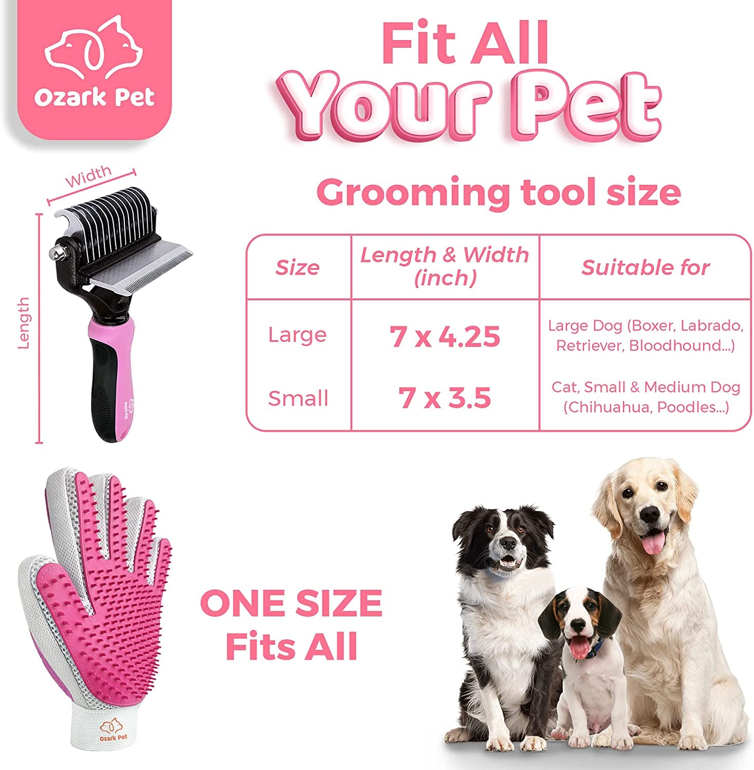 Ultimate Dog and Cat Grooming Set - Effortlessly Reduce Shedding by 95% with our Versatile Two-Sided Brush and Grooming Glove for Short to Long Hair Pets - Stylish Pink for Small to Medium Breeds